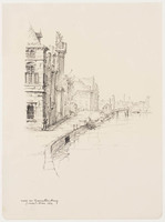 KT 2274
<br/>
Gezicht op de hoek van de Waag en het Spaarne te Haarlem, schuin aangezicht op de beeldengroep op het Teylers Museum
<br/>
<em>Melchior, Adolf (1898 - 1962)</em>